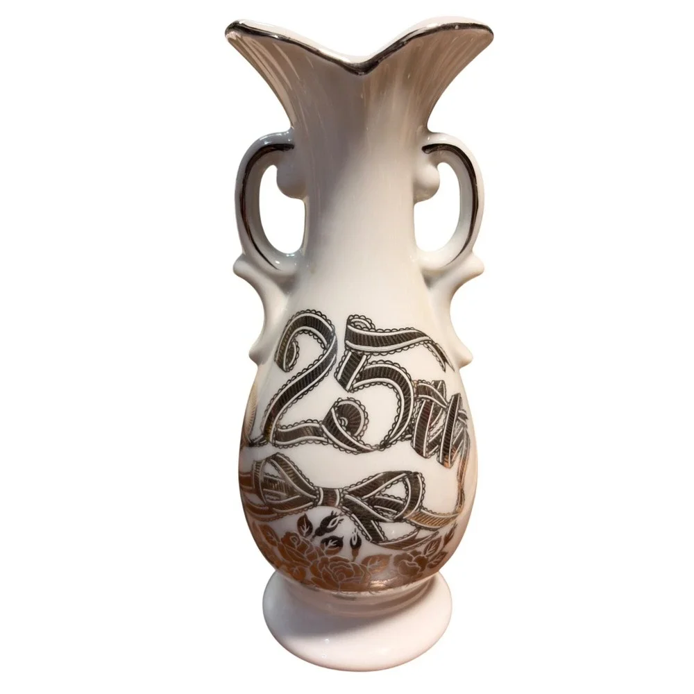 Vintage Enesco 25th Anniversary Porcelain Vase Japan Silver Trim Fluted Urn 6